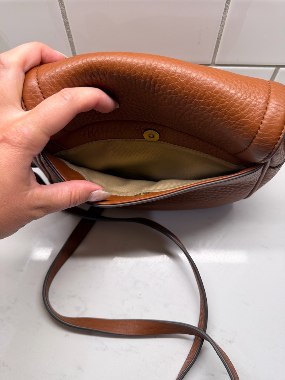 J. Crew Pebbled Leather Saddle Crossbody in Cognac Brown - Picture 6 of 11